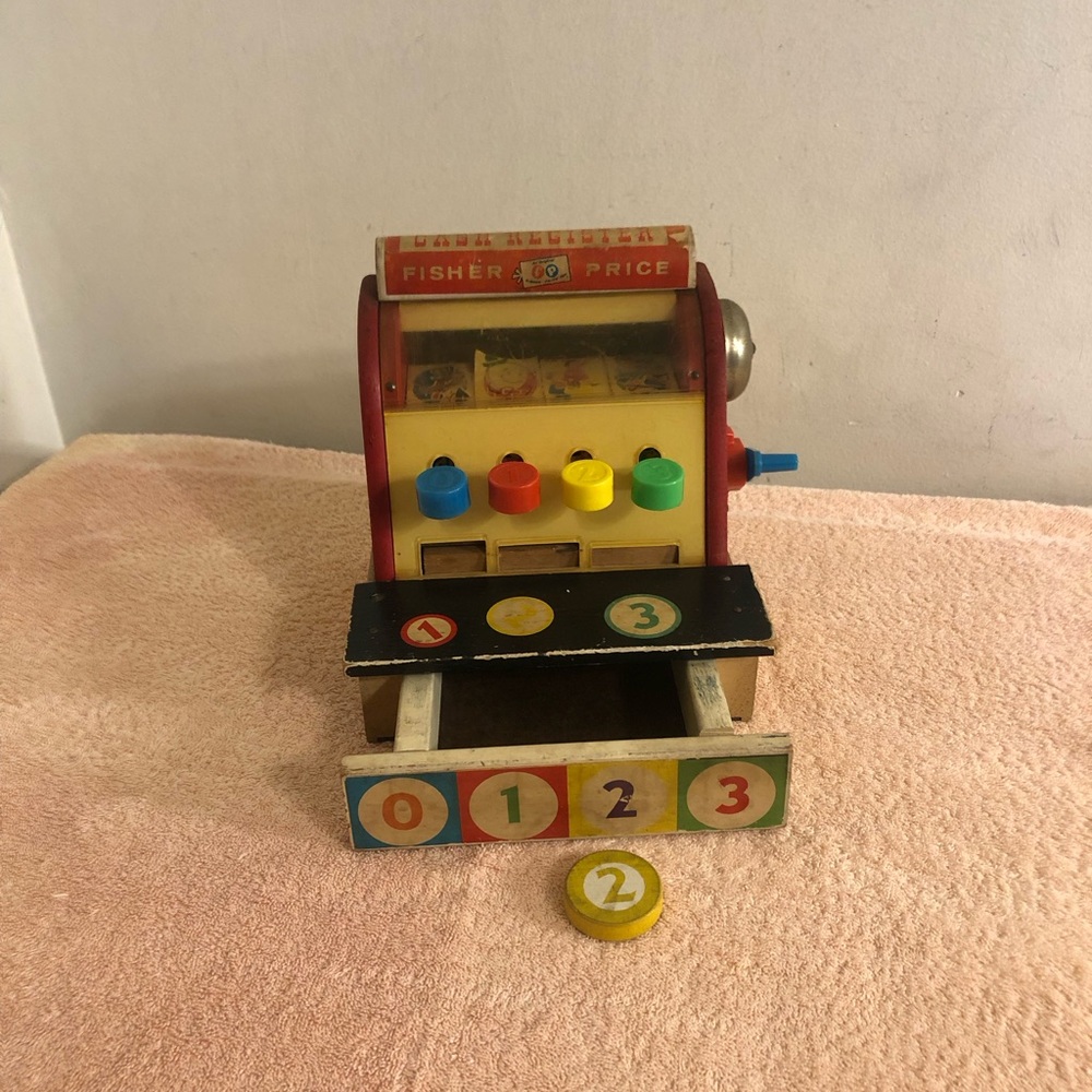 Vintage Fisher Price Wood Cash Register With Wood Coin Works #972